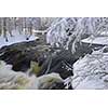 Northern river scenery in february with snow and ice