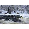 Northern river scenery in february with snow and ice