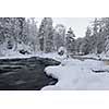 Northern river scenery in february with snow and ice