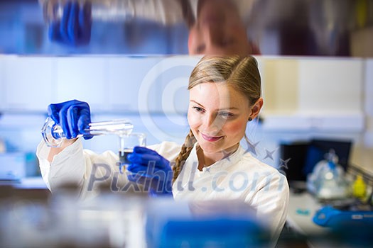 Portrait of a female researcher carrying out research in a chemistry lab (color toned image; shallow DOF) Portrait of a female researcher carrying out research in a chemistry lab (color toned image; shallow DOF)