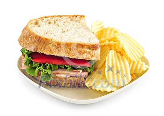 Sandwich with potato chips isolated on white background Sandwich with potato chips isolated on white background