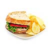 Sandwich with potato chips isolated on white background