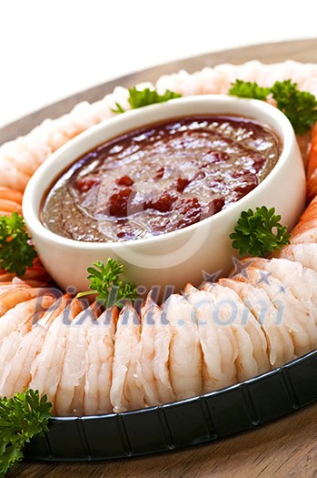 Shrimp ring appetizer platter with dipping sauce Shrimp ring appetizer platter with dipping sauce