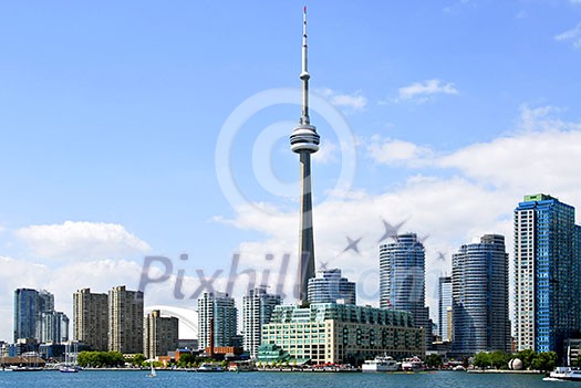 Toronto harbor skyline with CN Tower and skyscrapers