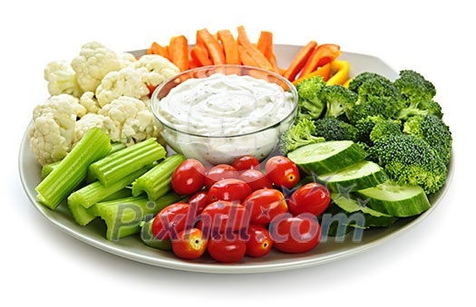 Platter of assorted fresh vegetables with dip