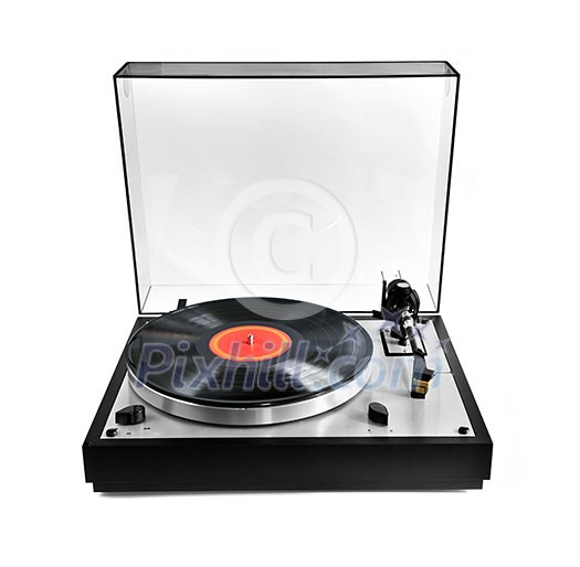 Isolated manual record player with spinning vinyl lp Isolated manual record player with spinning vinyl lp