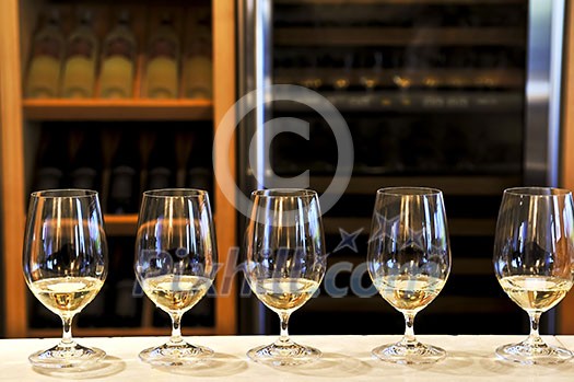 Row of white wine glasses in winery tasting event