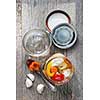 Home preserving mixed vegetables by pickling in glass canning jars