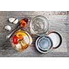 Home preserving mixed vegetables by pickling in glass canning jars