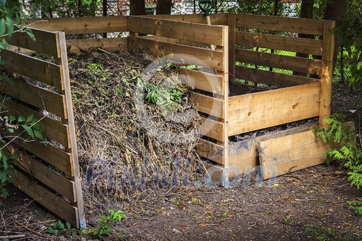 Wooden compost boxes with composted soil and yard waste for garden composting in backyard
