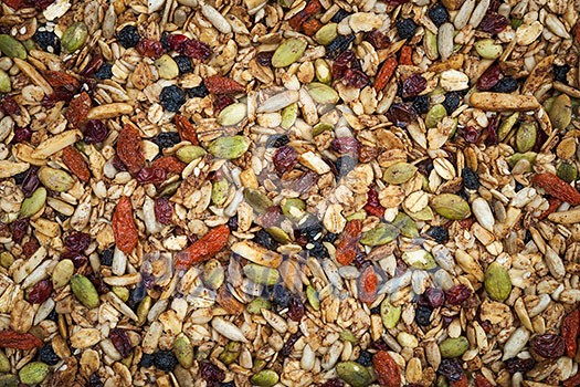 Closeup of homemade granola with various seeds and berries