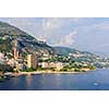 Mediterranean sea coast with view of Larvotto ward and beach in Monaco.