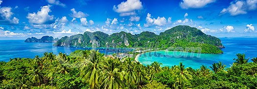 Panorama of tropical islands Phi Phi Don and Phi Phi Leh in sea. Crabi, Thailand Panorama of tropical islands Phi Phi Don and Phi Phi Leh in sea. Crabi, Thailand