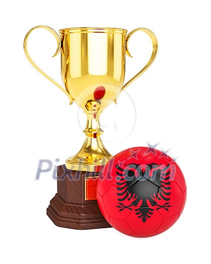 3d rendering of gold trophy cup and soccer football ball with Albania flag isolated on white background 3d rendering of gold trophy cup and soccer football ball with Albania flag isolated on white background