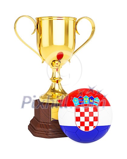 3d rendering of gold trophy cup and soccer football ball with Croatia flag isolated on white background