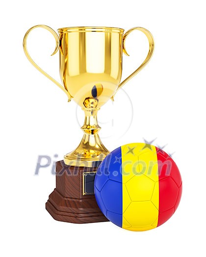 3d rendering of gold trophy cup and soccer football ball with Romania flag isolated on white background 3d rendering of gold trophy cup and soccer football ball with Romania flag isolated on white background