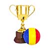 3d rendering of gold trophy cup and soccer football ball with Romania flag isolated on white background