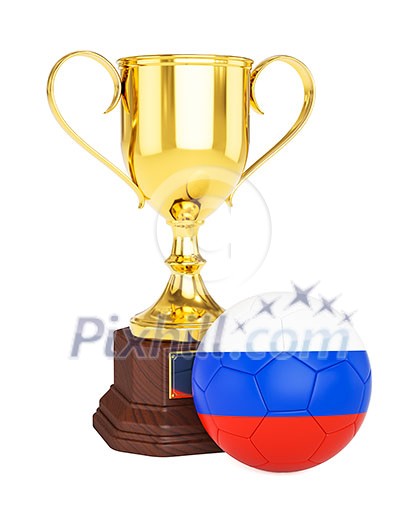 3d rendering of gold trophy cup and soccer football ball with Russia flag isolated on white background