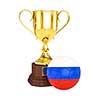 3d rendering of gold trophy cup and soccer football ball with Russia flag isolated on white background