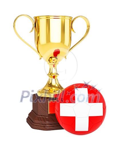 3d rendering of gold trophy cup and soccer football ball with Switzerland flag isolated on white background