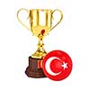 3d rendering of gold trophy cup and soccer football ball with Turkey flag isolated on white background