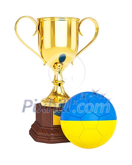 3d rendering of gold trophy cup and soccer football ball with Ukraine flag isolated on white background 3d rendering of gold trophy cup and soccer football ball with Ukraine flag isolated on white background