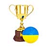 3d rendering of gold trophy cup and soccer football ball with Ukraine flag isolated on white background