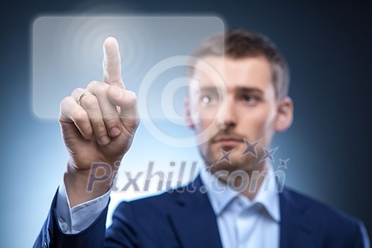business man pressing touchscreen button business man pressing touchscreen button