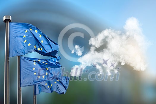 European union flags and map of Europe made of clouds