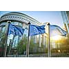 European union flag against parliament in Brussels, Belgium