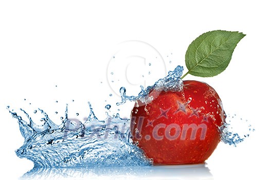 red apple with leaf and water splash isolated on white