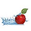 red apple with leaf and water splash isolated on white