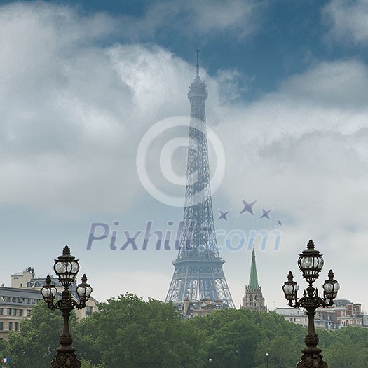 Eiffel tower in Paris. View from the bridge over the Seine river
