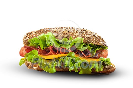Sandwich with slices of fresh tomatoes, ham, cheese and lettuce isolated on white Sandwich with slices of fresh tomatoes, ham, cheese and lettuce isolated on white