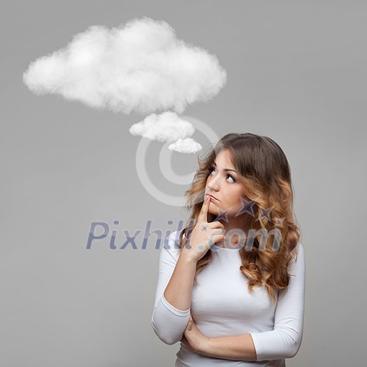 Thinking woman and empty cloud on grey background Thinking woman and empty cloud on grey background