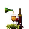 White wine pouring into glass with grape and bottles isolated