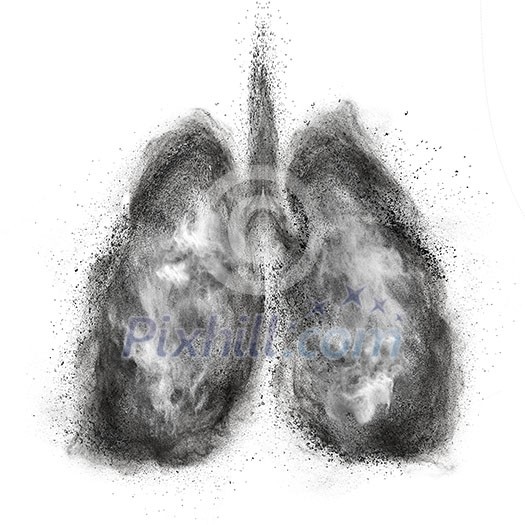 Lungs made of black powder explosion isolated on white background