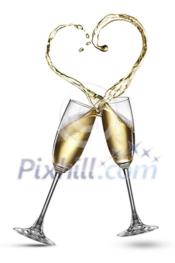 Champagne splash in shape of heart isolated on white