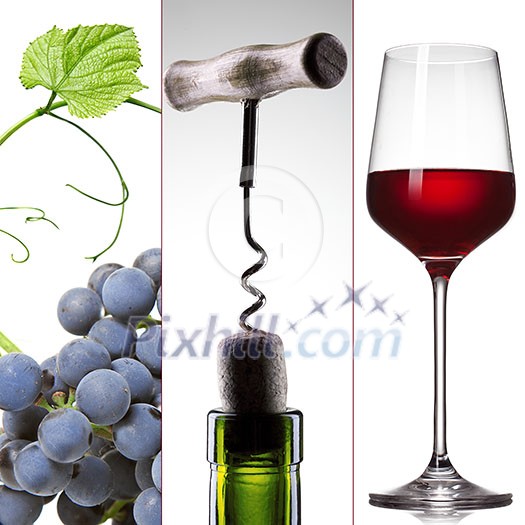 wine collage - grape, bottle with corkscrew and wineglass