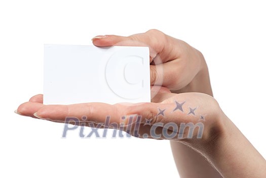 Woman hand holding empty visiting card isolated on white Woman hand holding empty visiting card isolated on white