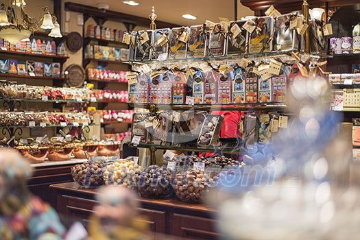 Brussels, Belgium - February 17, 2014:. Interior of chocolate shop in Brussels, Belgium near Grand Place. Belgium is known for its chocolate delicacies.