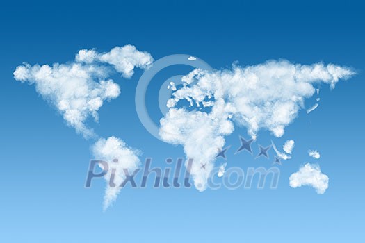 world map made of white puffy clouds on blue sky