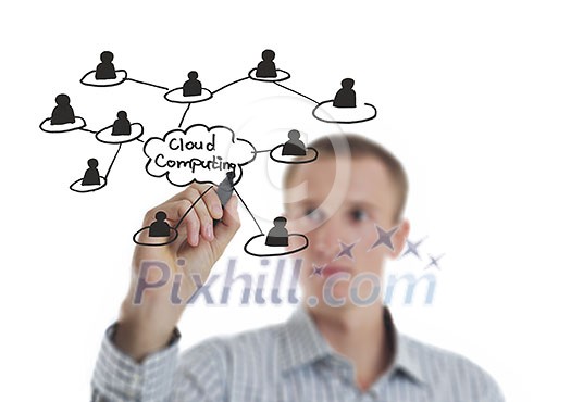 business man draw cloud computing chart on glass isolated over white background in studio business man draw cloud computing chart on glass isolated over white background in studio