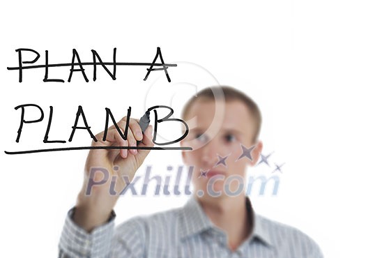 business man draw business solutions and plan b concept with marker on glass isolated on white background in studio business man draw business solutions and plan b concept with marker on glass isolated on white background in studio