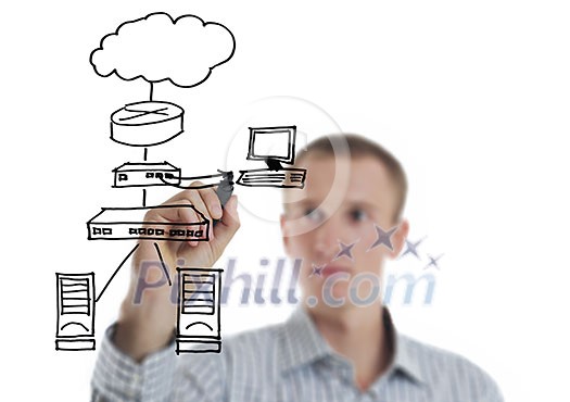business man draw cloud computing chart on glass isolated over white background in studio business man draw cloud computing chart on glass isolated over white background in studio