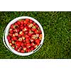 Bucket of freshly picked strawberries shot from above on green grass outside with copy space