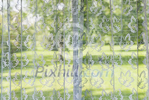 Window with lace curtains looking out to green summer park Window with lace curtains looking out to green summer park