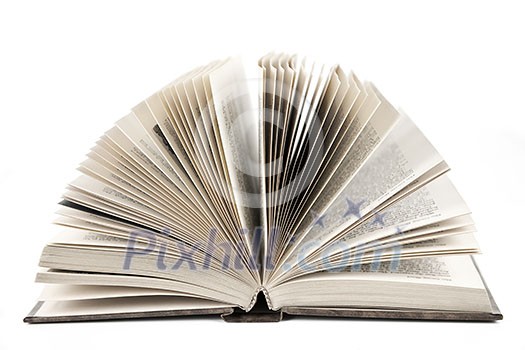 Open old fanned hardcover leather bound book Open old fanned hardcover leather bound book