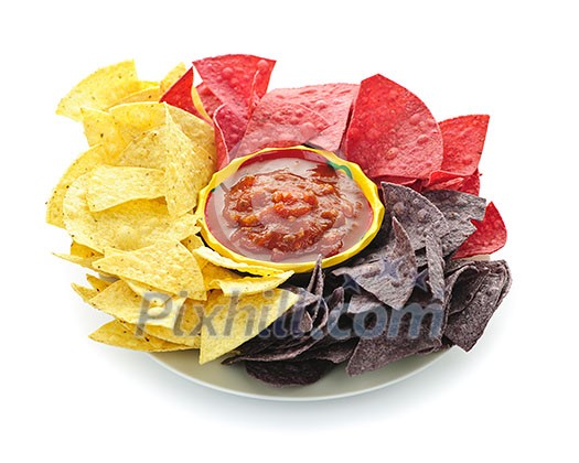 Bowl of salsa with colorful tortilla chips isolated on white background Bowl of salsa with colorful tortilla chips isolated on white background