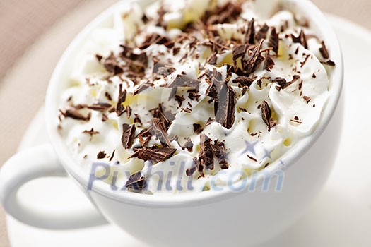 Hot cocoa with shaved chocolate and whipped cream Hot cocoa with shaved chocolate and whipped cream